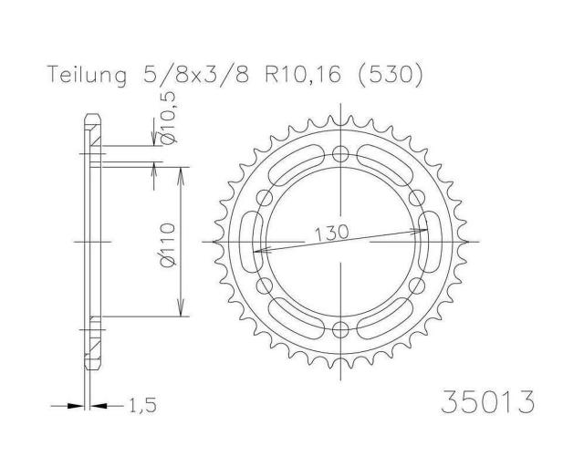 Kettenrad 46 Zähne Stahl 530er Teilung 58x38